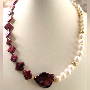 Natural Mettalic Burgundy Red & White Baroque Pearls In Assymetrical Necklace